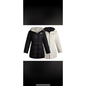 Reebok Reversable Winter Coat Black/White Sherpa Fuzzy Warm Thigh Lengt Wms Sz M